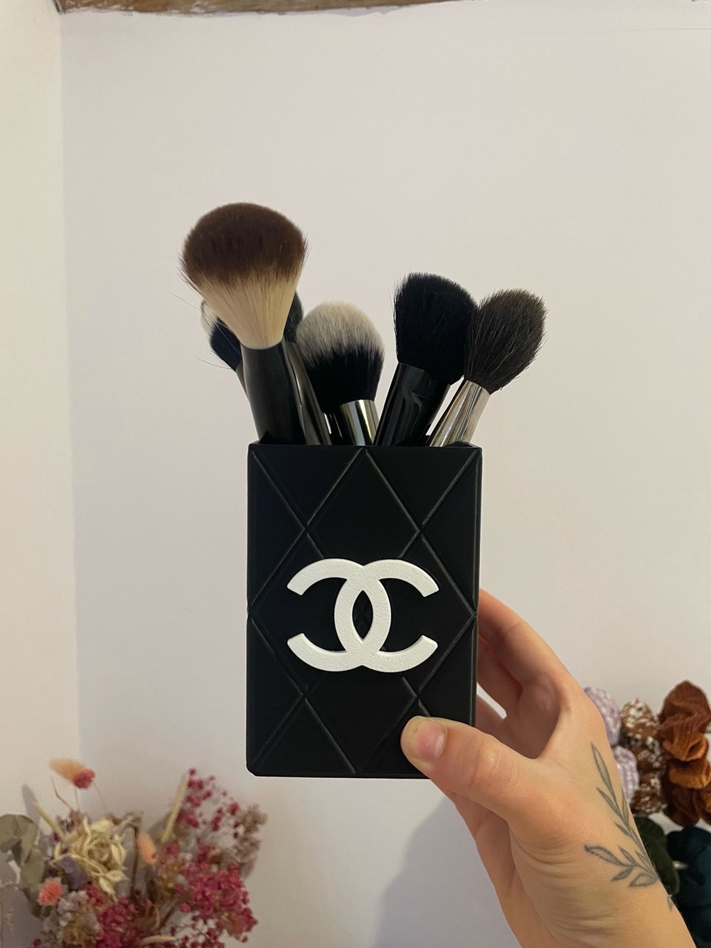 Black Quilted Makeup Brush Holder with White